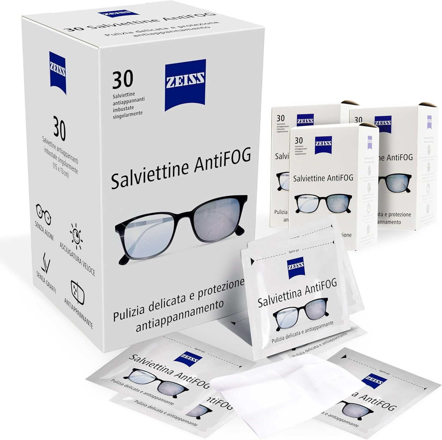 Zeiss Salviettine AntiFOG per la pulizia degli occhiali (Contiene 30 pezzoline) antiappannanti